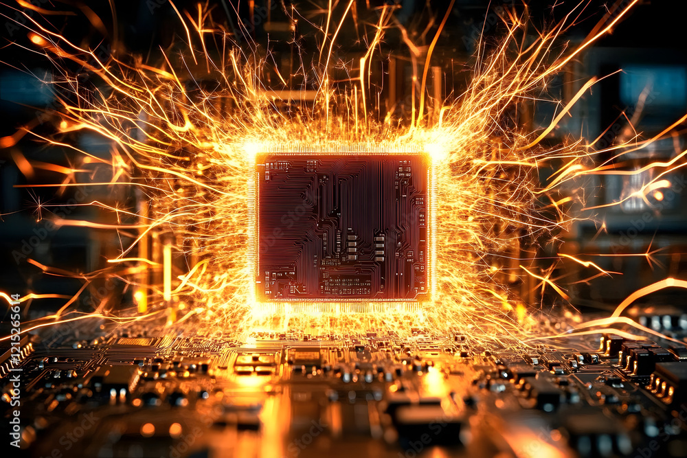 Poster computer chip with electrical sparks on a circuit board. generative ai