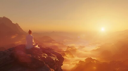 Fototapeta premium Woman Meditates Atop Mountain At Sunrise