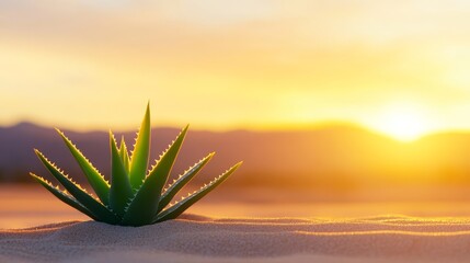 Desert Sunset Aloe Vera Plant - Single aloe vera plant in desert sand at sunset, warm golden light.
