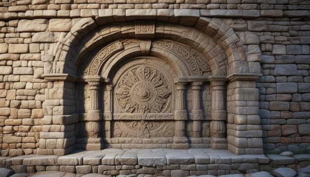 Fortress wall embrasure with intricate stone carvings, historic site, fortress wall