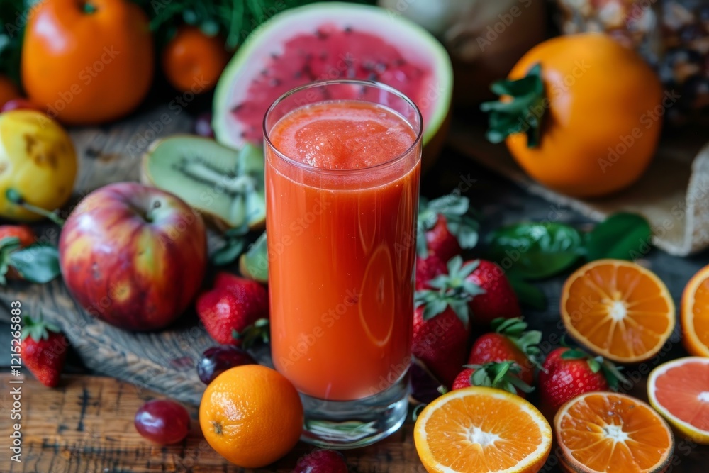 Poster glass of refreshing fruit juice sits amidst a vibrant array of colorful fruits on a rustic wooden ta