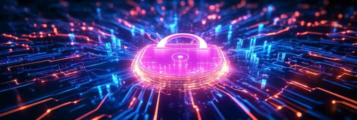 Fototapeta premium Digital Padlock Cyber Security - A digital padlock symbol surrounded by glowing circuit lines, symbolizing data protection, online security, network safety, digital privacy, and technological safeguar