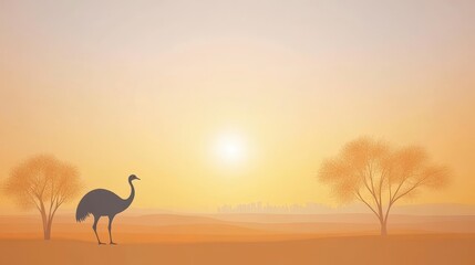 Fototapeta premium Sunrise Over the Plains - Silhouette of an emu at sunrise, with two trees and a distant cityscape on the horizon. Peaceful and serene landscape.