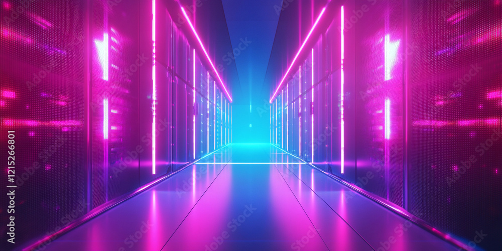 Poster server center illuminated with vibrant leds creating a futuristic atmosphere in a high-tech environm