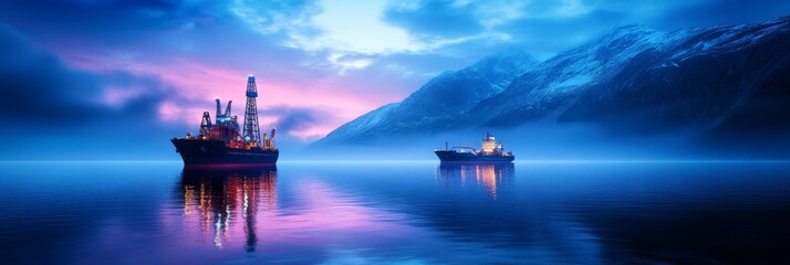 Naklejka premium Illuminated Offshore Oil Rig at Dusk - Majestic oil rig and tanker ships at twilight, reflecting on calm waters, surrounded by snow-capped mountains. Symbolizing industry, energy, nature, power, and r