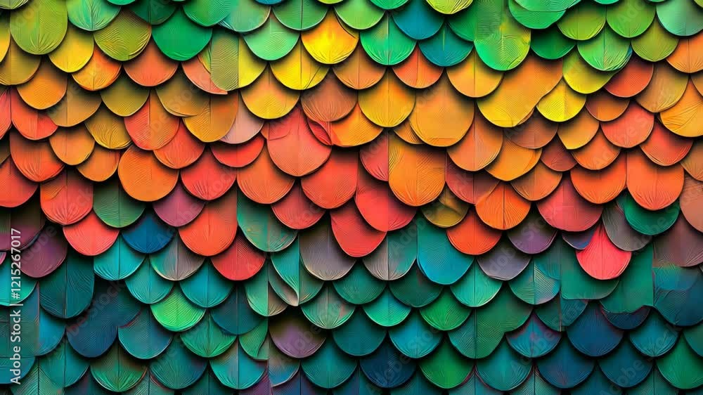 Poster vibrant arrangement of overlapping leaf shapes in diverse colors creates an abstract wall display in