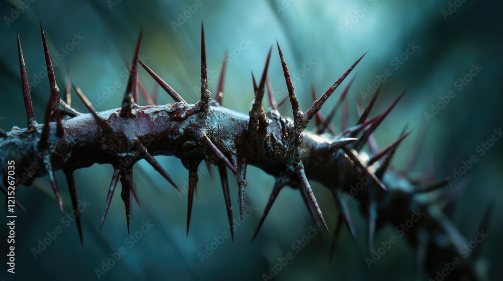 Poster a thorny plant with many sharp spikes. the image has a dark and moody atmosphere. the spikes on the 