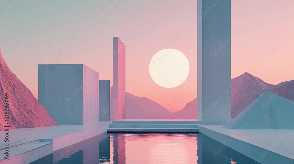 Aufkleber modern architectural design featuring minimalistic structures against a serene sunset reflecting on 