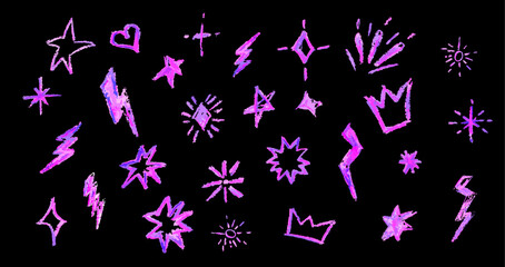 Crayon firecracker stars heart and crown in acid pink color. Collection of rock n roll design elements. Grunge texture punk and grafitty symbols. Cartoon charcoal handdrawn icons. Vector illustration.