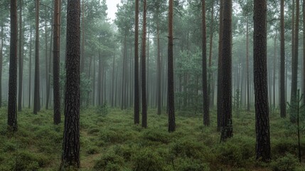Obraz premium A densely packed forest where tall pine trees rise through a blanket of mist, their sturdy trunks creating a sense of order amidst the untamed wilderness.