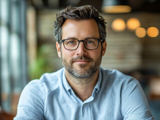 Obraz premium Man in glasses smiling at a cafe in the afternoon