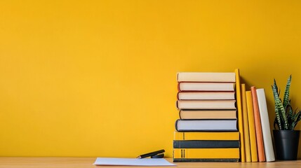 A stack of neatly arranged books on a desk against a yellow background with a pen and plant