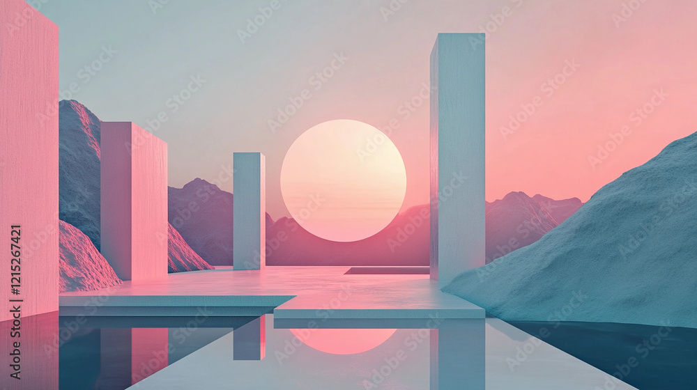 Poster modern design landscape featuring geometric structures and a large sun setting behind mountains in a