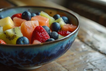 Fresh fruit salad with blueberries, raspberries, strawberries, kiwi, pineapple, and watermelon in a bowl