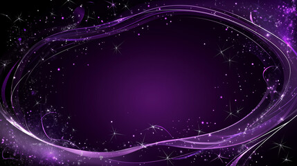 Obraz premium Glittering purple abstract background with sparkling stars and flowing light ribbons, perfect for festive invitations, cosmic-themed designs, or celebratory event promotions. Border, frame, copy space