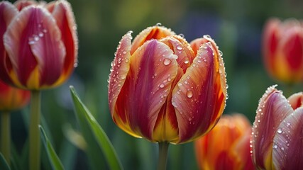 Fototapeta premium Red and yellow tulips with droplets of water on them. The flowers are in a field and are surrounded by green grass