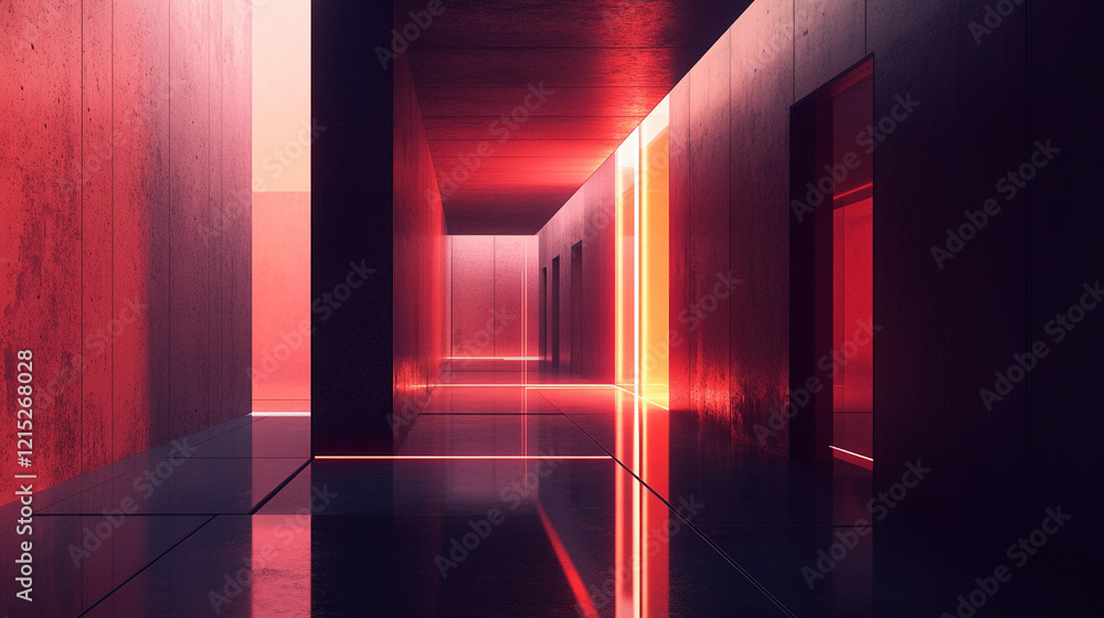 Poster modern corridor design featuring vivid lighting and sleek surfaces in an abstract architectural sett