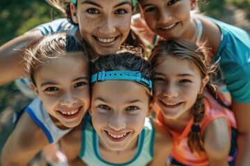 A happy group of young girls, likely a swim team, celebrating their sport and friendship in a sunny outdoor setting.