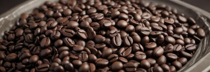 Fototapeta premium Coffee beans scattered in a container of dark brown liquid , spill, container