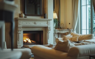 Fototapeta premium Luxurious Living Room with a Fireplace