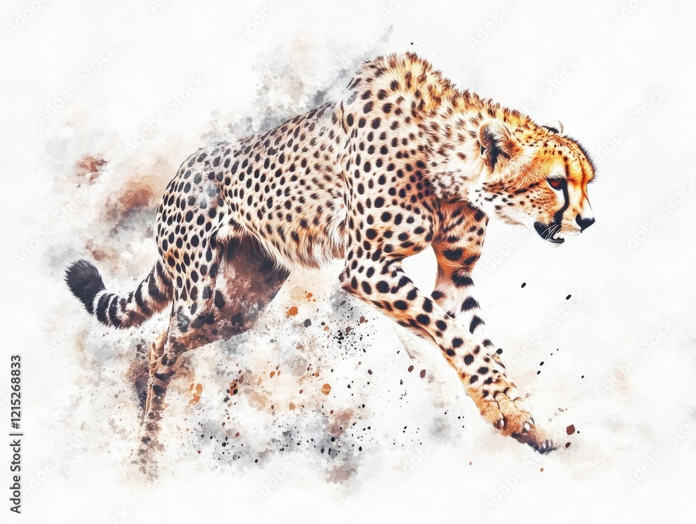 Poster a cheetah is running through the air, with its tail trailing behind it. concept of speed and freedom