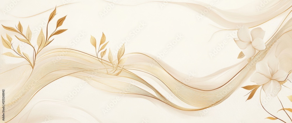 Poster a beautiful golden line pattern on a light beige background, with elegant curves and swirls, soft li