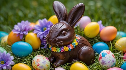 A chocolate rabbit is sitting in a field of flowers and surrounded by a variety of colorful eggs.