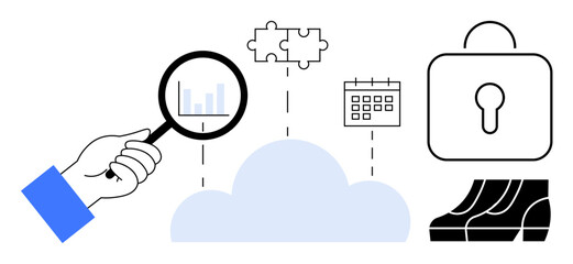Hand holds magnifying glass over a cloud connected to bar graph, puzzle piece, calendar, lock, and graph. Ideal for data analysis, cloud computing, security, scheduling problem-solving teamwork
