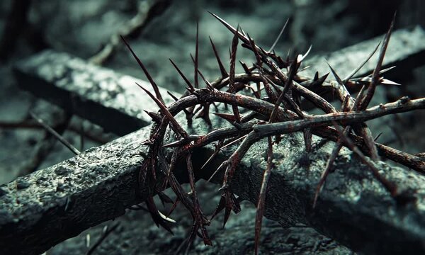Symbolic elements like thorns and nails represent Jesus sacrifice suffering resurrection on the cross and Easter