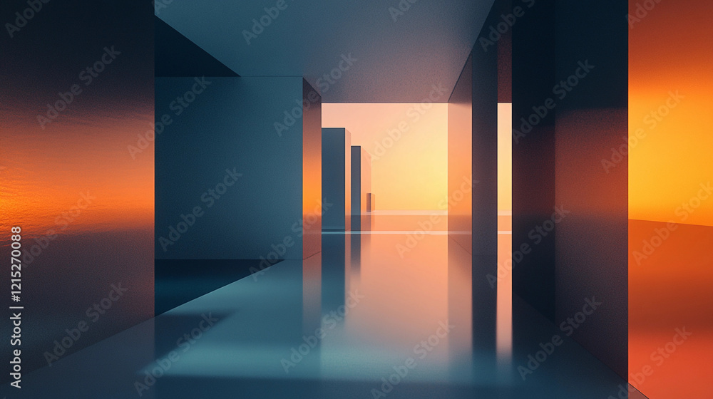 Poster exploring an abstract graphic web ui design with reflections and a gradient sunset along reflective 