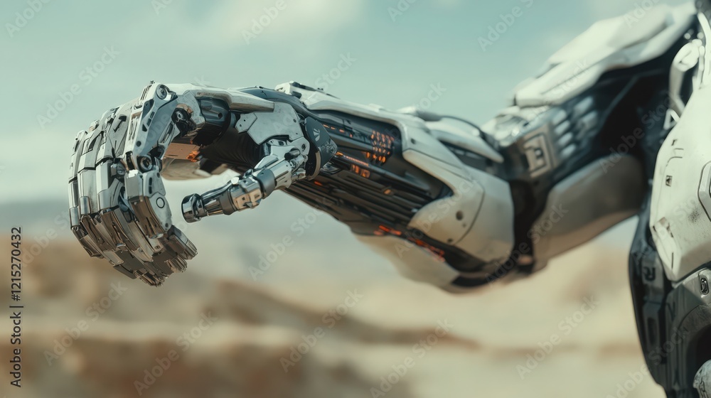Poster close-up of a futuristic robotic arm with detailed mechanical design and desert background