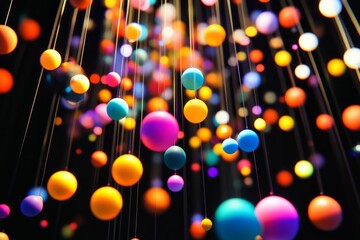 Suspended colorful spheres hang against dark background.