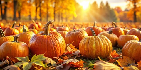 Naklejka premium Ripe Orange Pumpkins in Autumn Field, Harvest Season, Thanksgiving, Fall Background