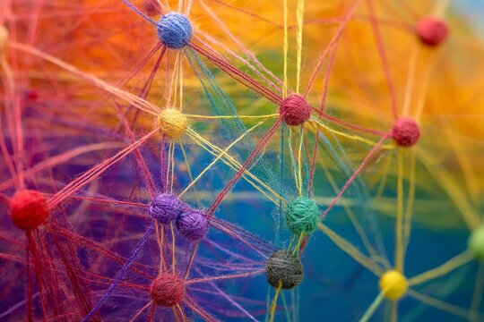 Colorful yarn balls connected by thin threads.