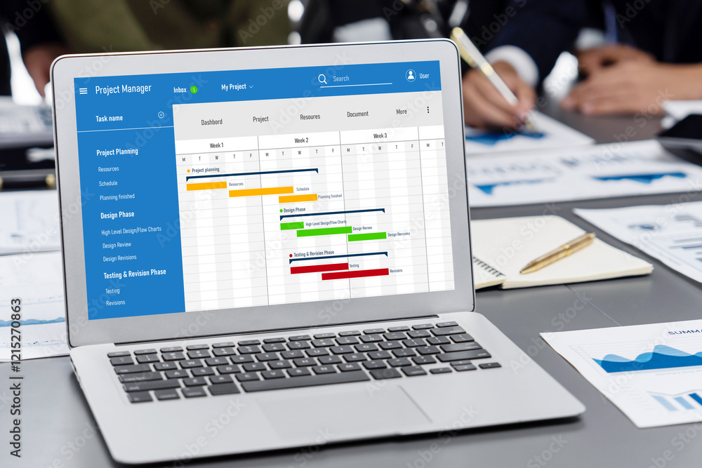 Poster project planning software for brisk business project management on the computer screen showing timel
