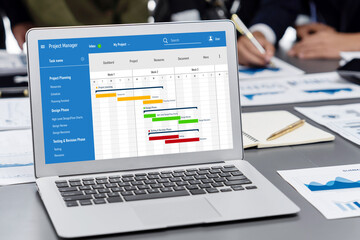 Project planning software for brisk business project management on the computer screen showing timeline chart of the team project