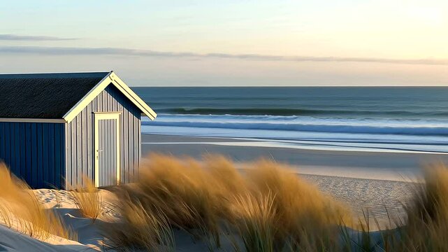 Beach Cabins by North Sea in Soft Blue and Ecru Tones