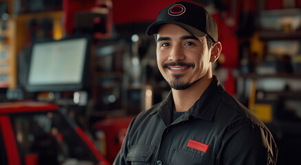 A skilled Hispanic mechanic smiles confidently while standing in a well-equipped auto repair shop filled with tools and vehicles. Daylight illuminates the workspace, showcasing his expertise.