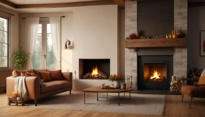 Fototapeta premium Cozy living room with a warm fireplace on Thanksgiving , inviting, cozy, autumnal