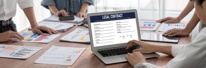 Digital legal contract provide terms and conditions document on computer screen ready for online digital signature for deal agreement of future business brisk