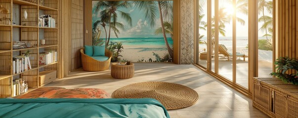 A bedroom with natural bamboo paneling