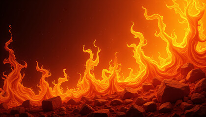 Flowing flames rising from rocky terrain in vivid orange light
