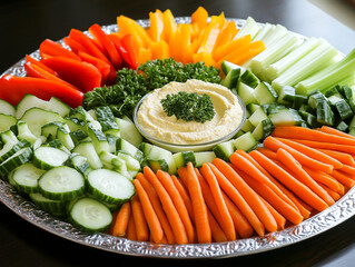 Colorful vegetable platter with hummus for healthy snacking