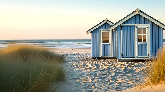 Beach Cabins by the North Sea in Soft Blue and Ecru Tones
