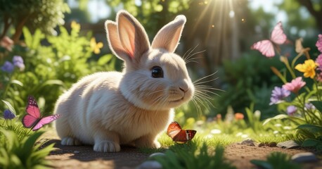 Obraz premium Cute bunny playing with a colorful butterfly in a sunlit garden, friendship, wildlife, furry