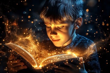A young boy is mesmerized by a book, surrounded by magical sparks. Celebrate World Book Day with kids reading and exploring new adventures.