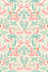 Matisse funky seamless pattern with organic shapes and a bohemian style, with women, trees, snakes, giraffes, birds, animals in pinks and greens soft pastels, for easter, spring decor, wrapping paper