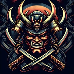 Samurai ONI mask design for tattoo, print, POD