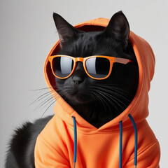black cat wearing orange hoodie and sunglasses exudes cool vibe against white background.