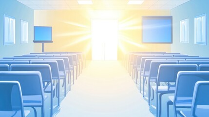 Virtual Seminar Setting with Bright Lighting and Empty Chairs